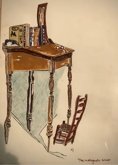 A drawing of a table with books on it