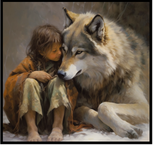 A painting of a girl and a wolf