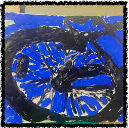 A painting of a bicycle wheel in blue and black.