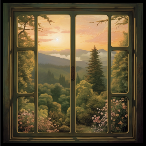 A painting of a window with a view of the mountains.