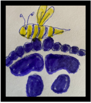 A drawing of a bee and paw print.