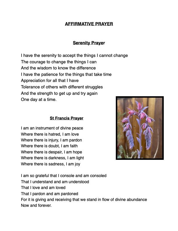 A poem about serenity prayer with an image of flowers.