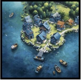 A small island with houses and boats in it.