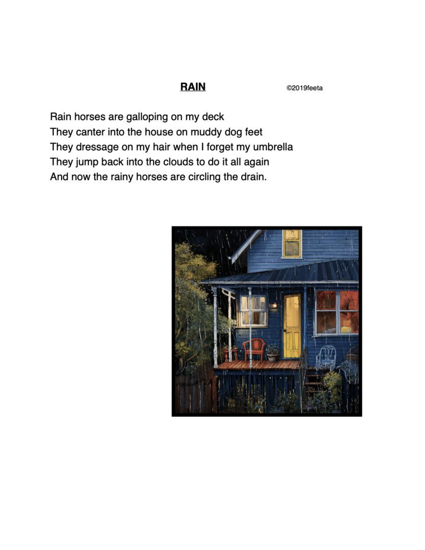 A painting of a house with the words rain on it.