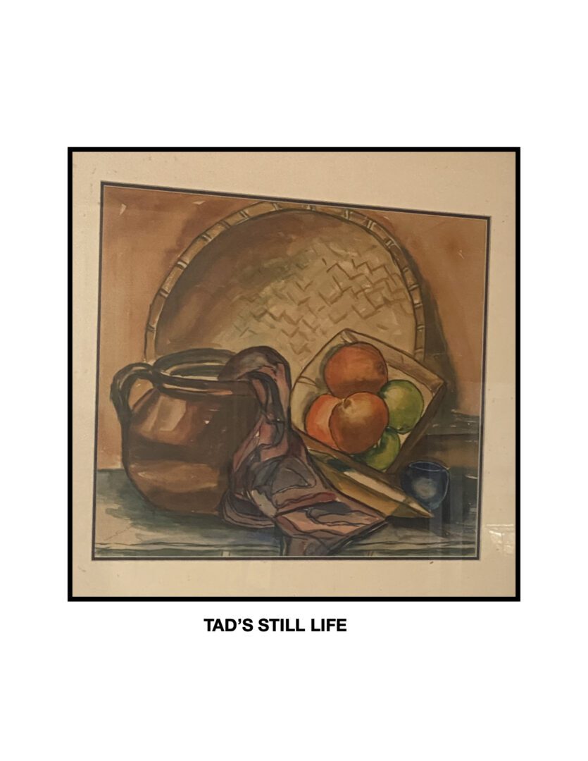 A painting of a basket and apples on the table.