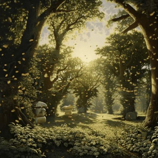 A painting of trees and flowers in the forest